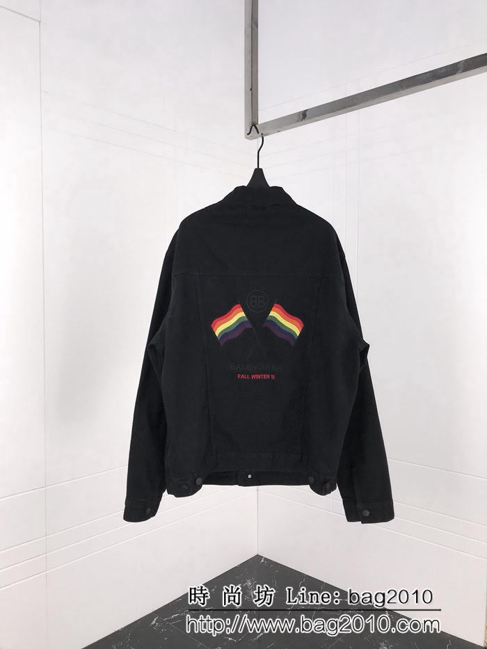 BALENCIAGA巴黎世家 18FW新款 後背彩虹旗子 黑色牛仔外套 男女同款 ydi1613